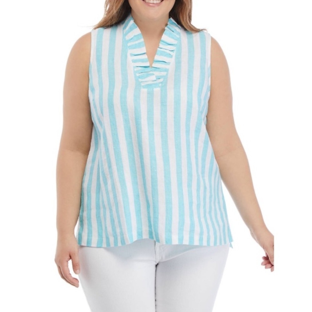 New Crown and Ivy Turquoise and White Striped Linen Blouse Ruffle Collar coastal